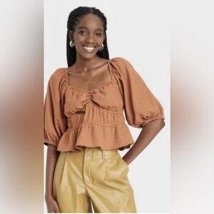A New Day Sweetheart Neckline 3/4 Sleeve Cropped Top Brown